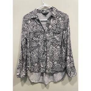 Rock & Republic Women's Rose Print Button Up Shirt Black Print Size Small